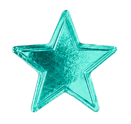 Close-up of a shiny, teal, five-pointed star ornament or decoration.