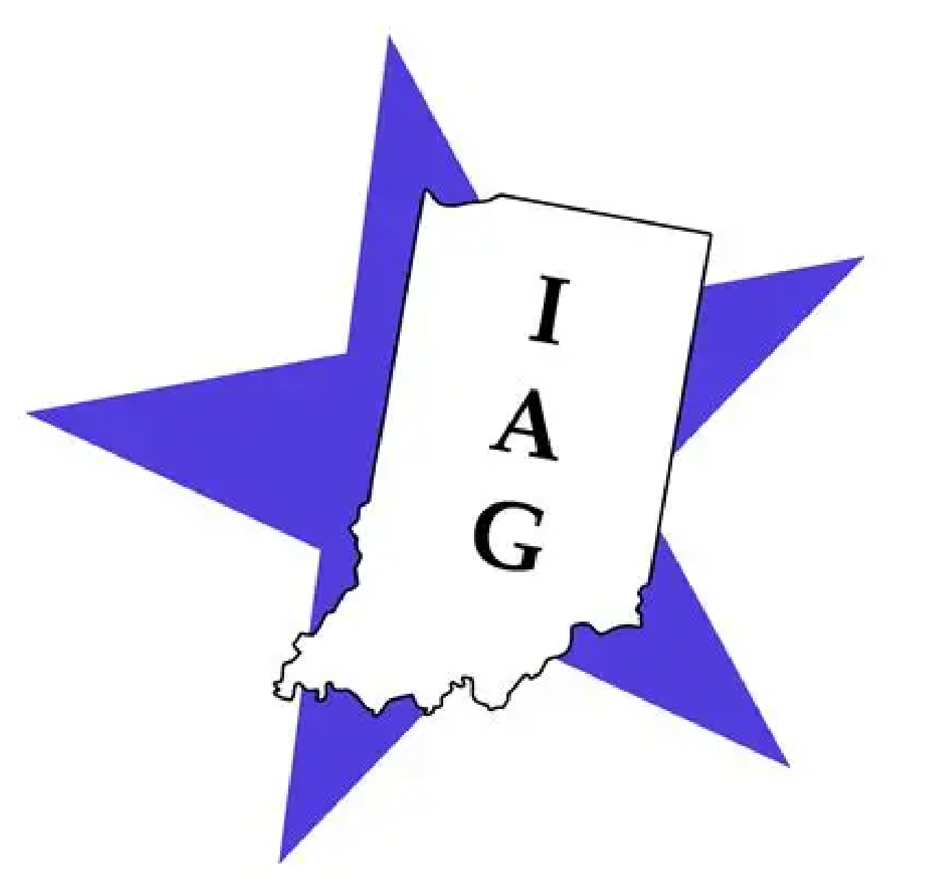Outline of Indiana state with the words 'I A G' vertically on a piece of paper in the center, surrounded by a blue star.