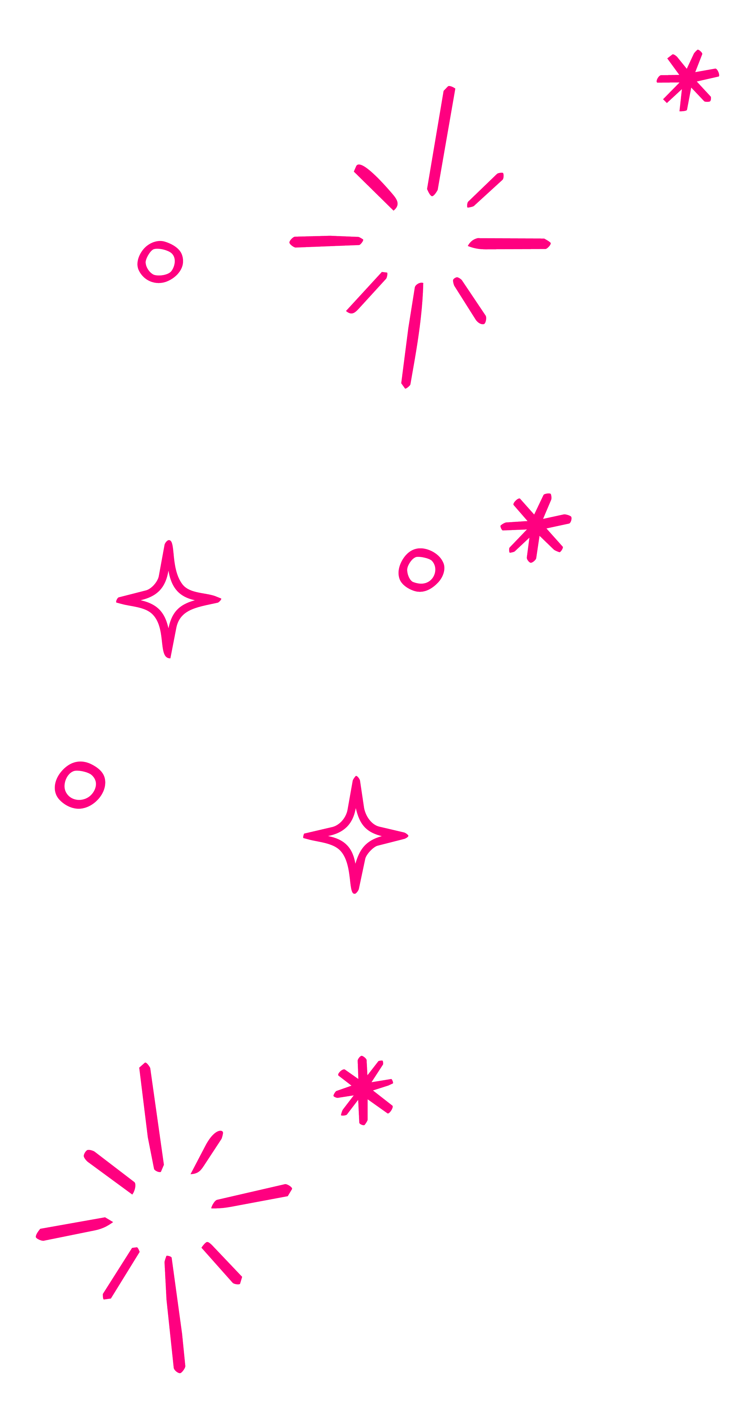 Pattern of pink and purple fireworks and stars on a black background.