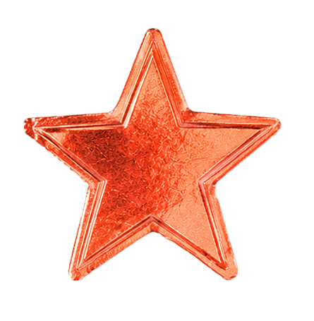 A red star-shaped cookie or ornament with a glossy, textured surface.