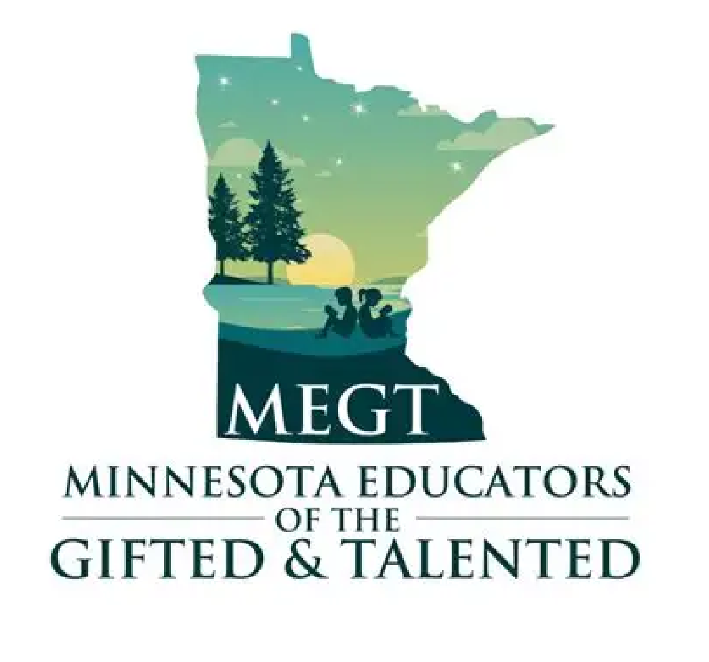 Logo of Minnesota Educators of the Gifted & Talented (MEGT), shaped like the state of Minnesota, featuring a nature scene with trees, a lake, and two children sitting by the water.