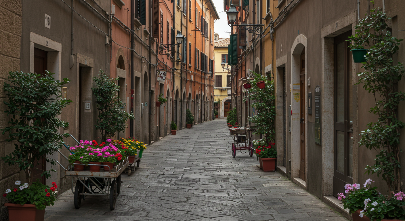 A narrow cobblestone alleyway lined with potted flowers, plants, and small carts, with pastel-colored buildings on either side.