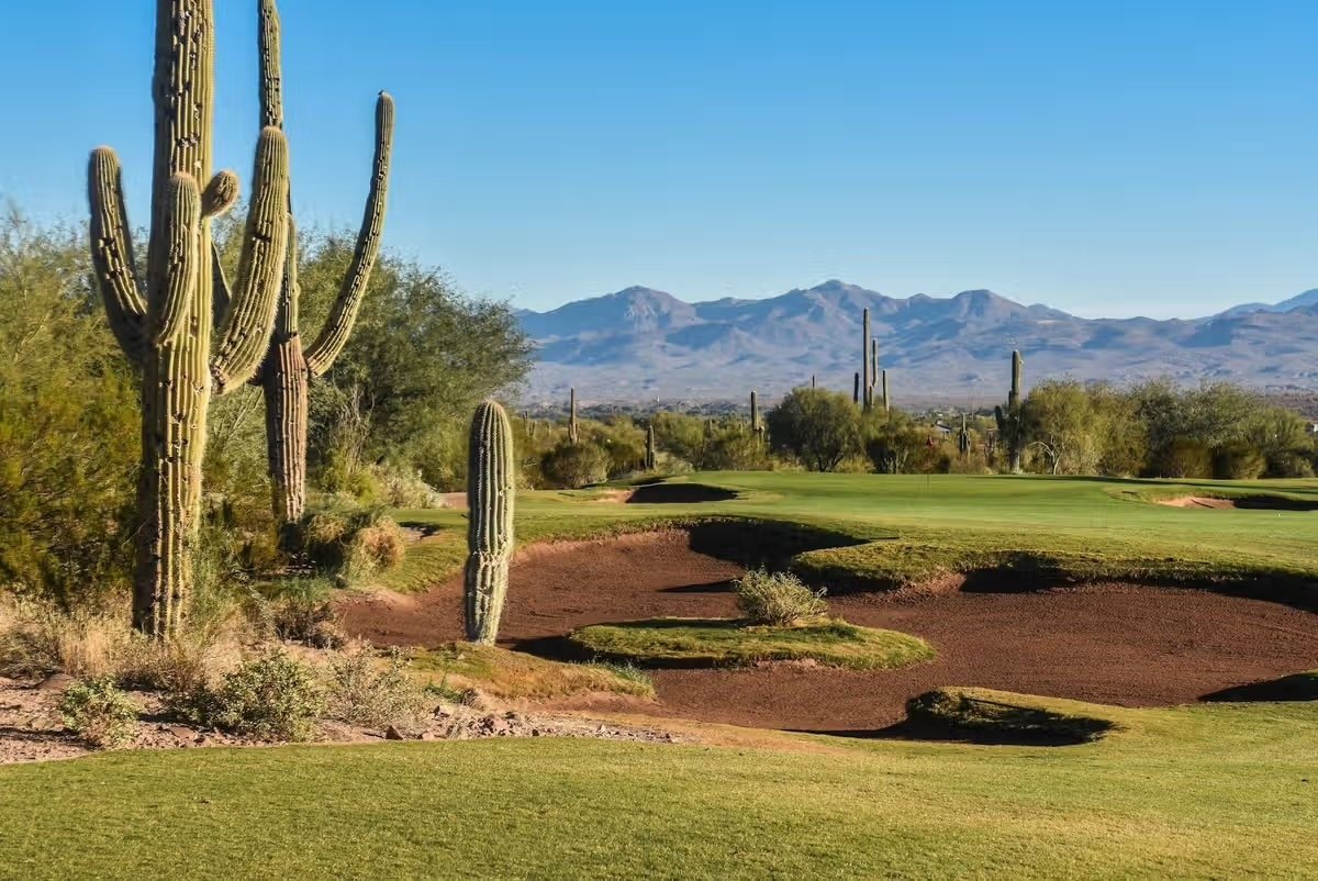 A desert landscape featuring cacti, mountain ranges in the background, and a well-maintained golf course with green grass and sand traps.  We-Ko-Pa Casino Resort, Saguaro, Arizona.