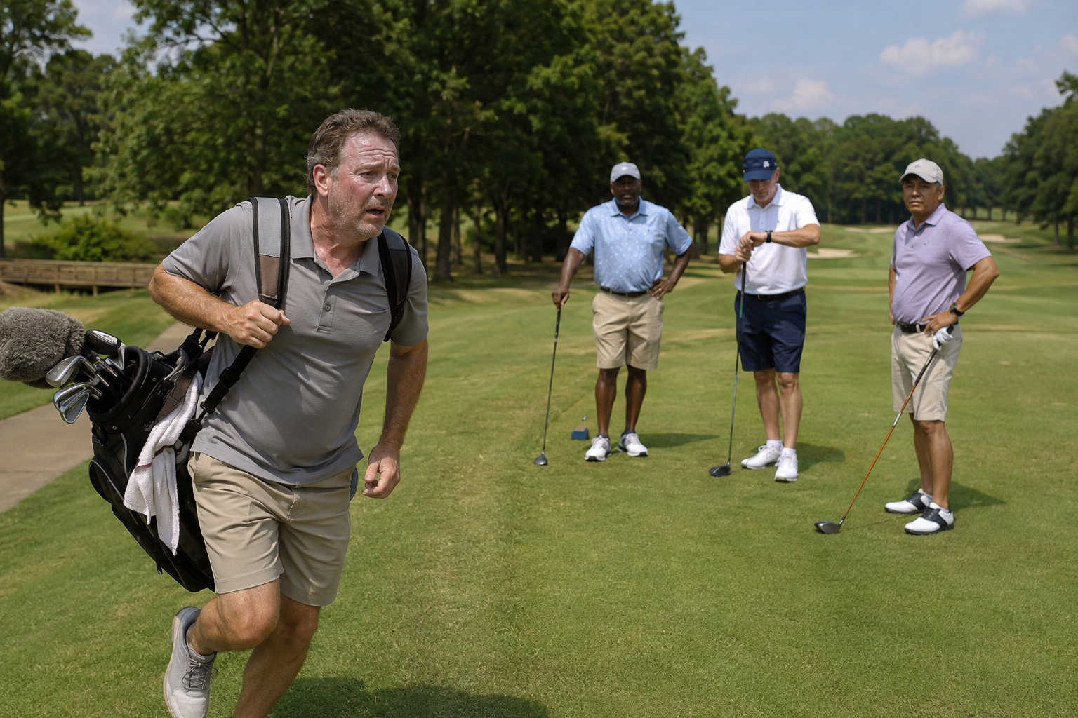 A man running on a golf course with three other men standing in the background, some holding golf clubs, under a partly cloudy sky. He is late for their tee time and they are frustrated with him.