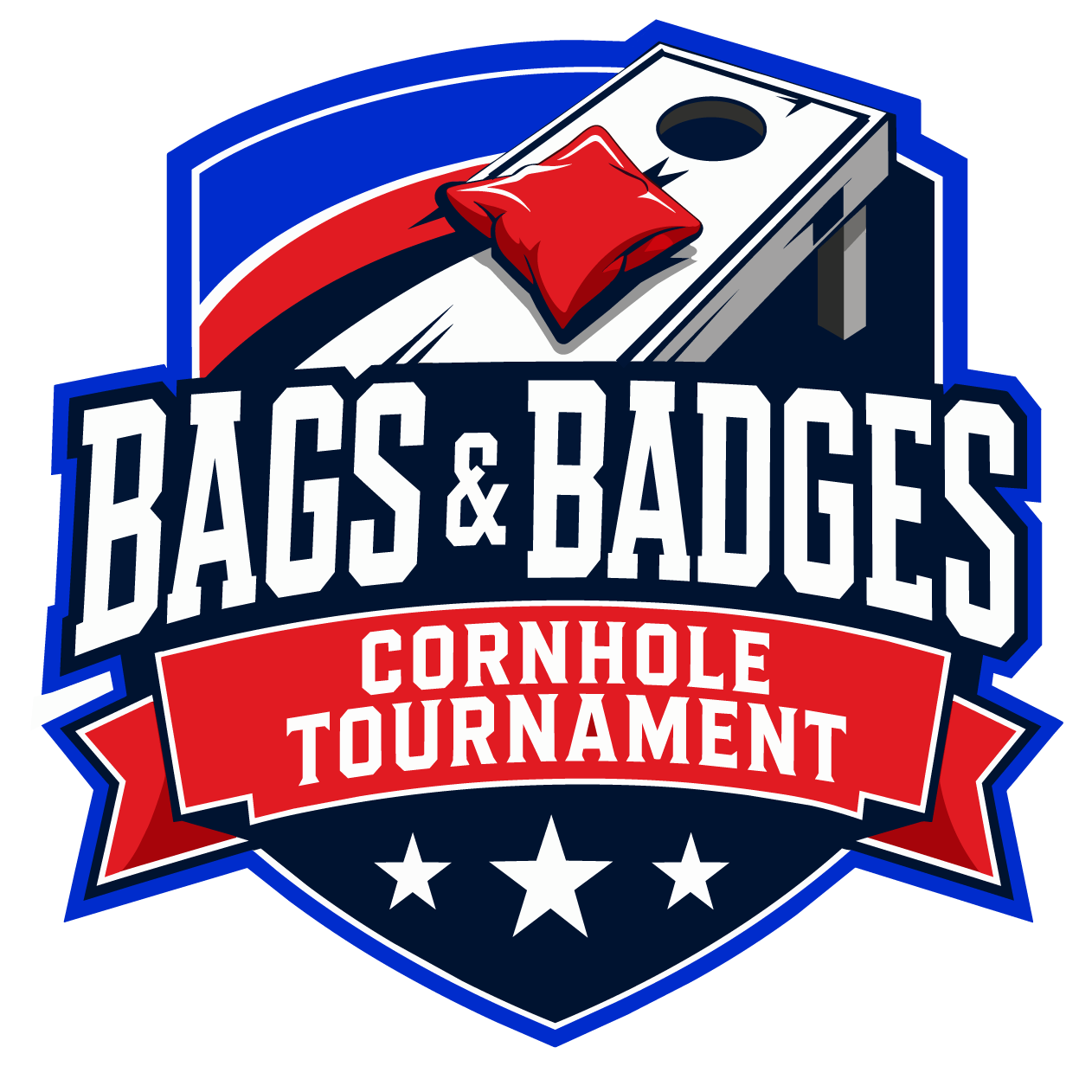 Badge for the Bags & Bags Cornhole Tournament featuring a cornhole board with a red pillow and the event name in bold letters, with a blue, red, and white color scheme.