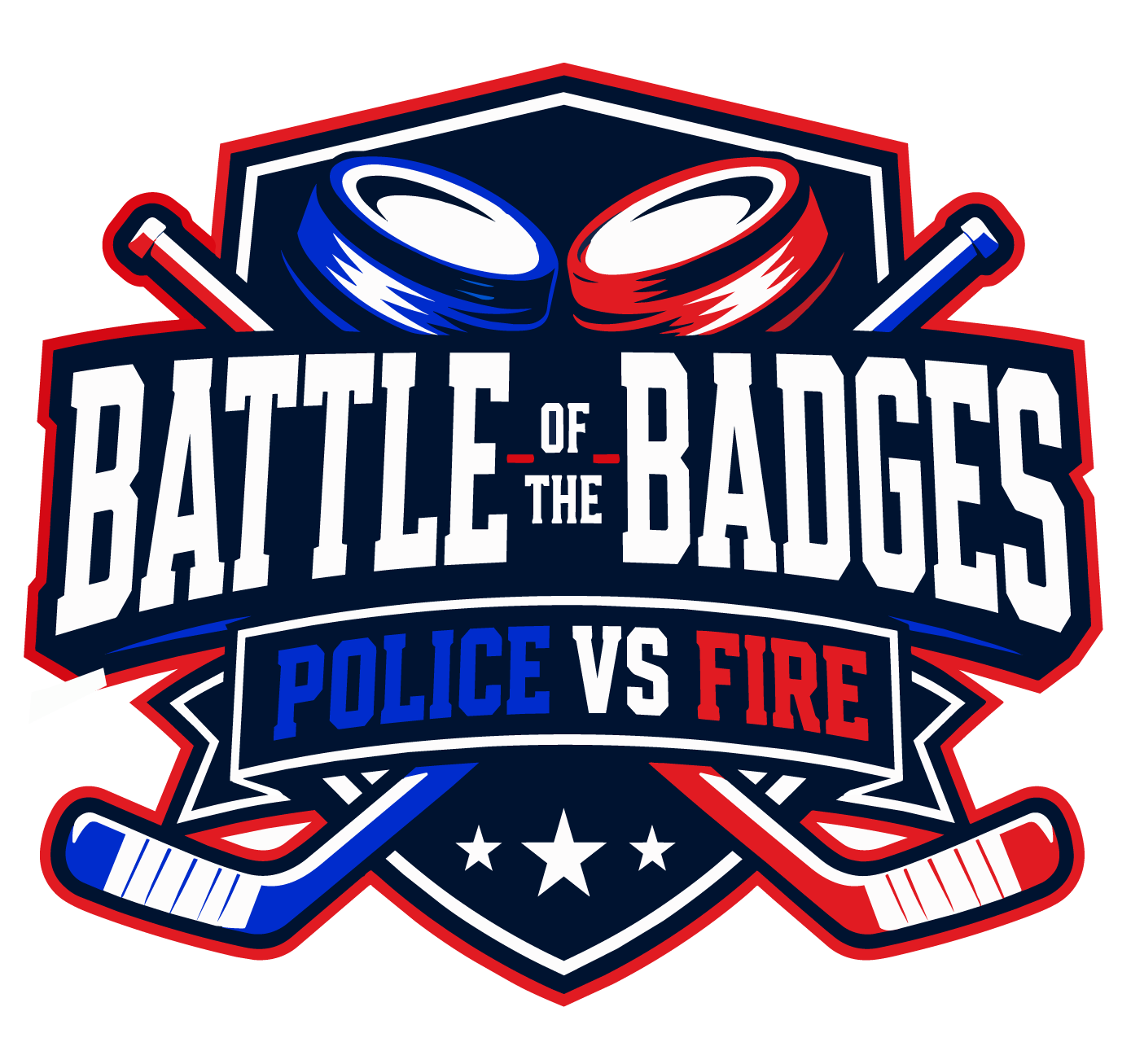 Logo for the hockey game titled 'Battle of the Bays' with a police versus fire theme, featuring hockey pucks, hockey sticks, and stars.