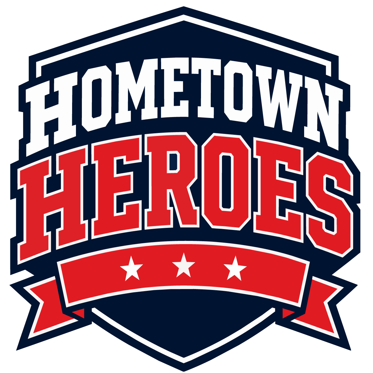 Logo with the words 'Hometown Heroes' in bold, red and white letters, featuring three white stars on a red banner at the bottom.