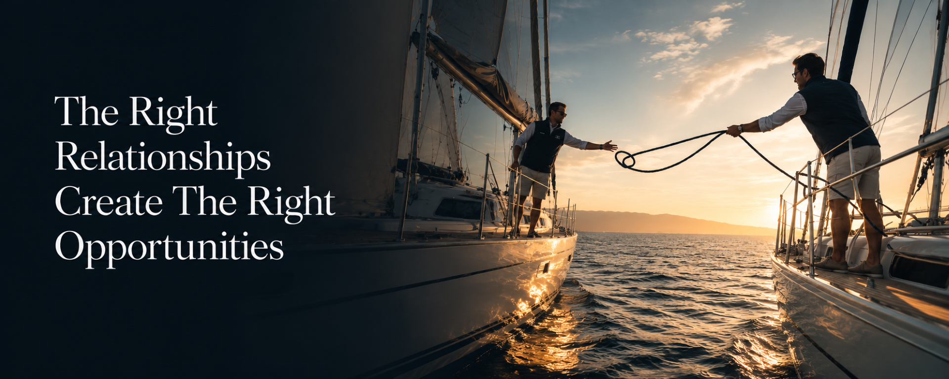 Two men on sailboats during sunset, one reaching out to the other, with a sunset sky and calm water in the background.