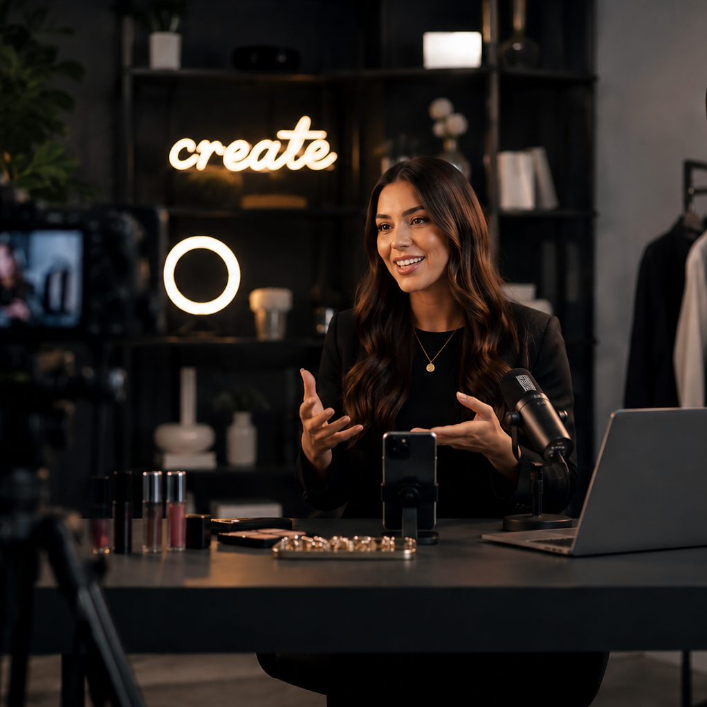 A woman with long wavy brown hair speaking at a desk with a microphone, laptop, and makeup products in front of her, in a room with dark decor and a neon 'create' sign on the wall.