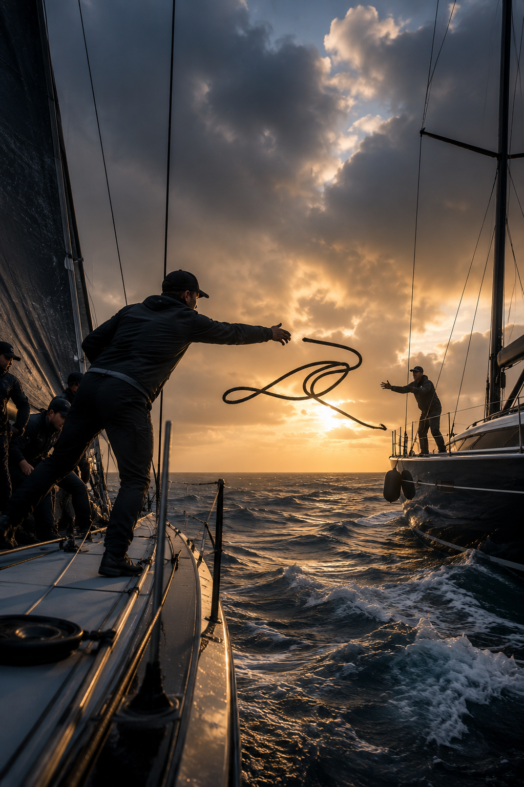 Sailors on two boats exchanging a rope during sunset at sea.