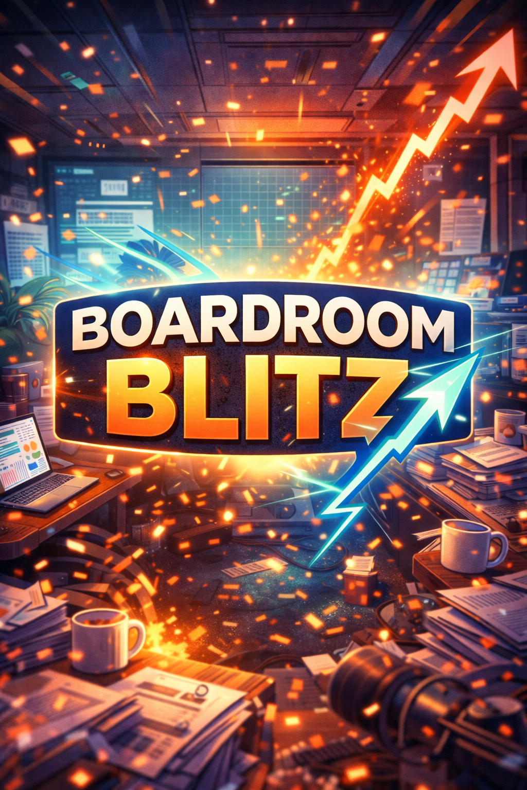 Animated scene of an office with cluttered desks, newspapers, coffee mugs, and a computer screen. Bright fiery sparks and glowing arrows pointing upward symbolize a rapid rise or success. The text 'Boardroom Blitz' is prominently displayed in the center.