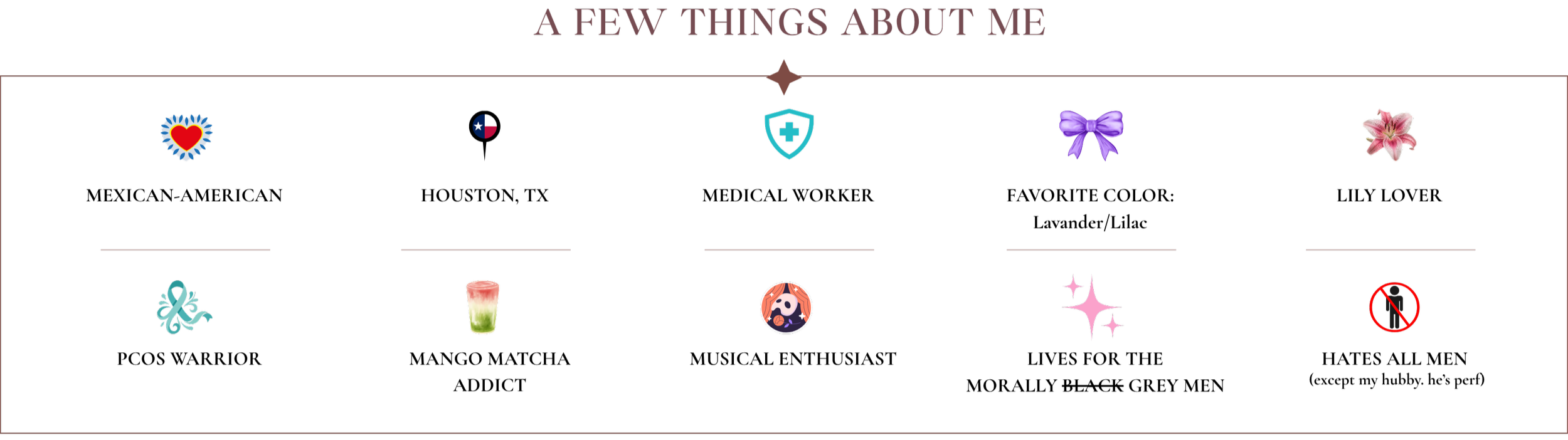 A graphic with the title 'A Few Things About Me' listing personal facts, including a heart with a blue outline, a Texas flag, a medical shield, a purple bow, a pink lily, an abstract symbol, a watermelon smoothie, a woman with red hair, pink sparkles, and a red prohibition sign.