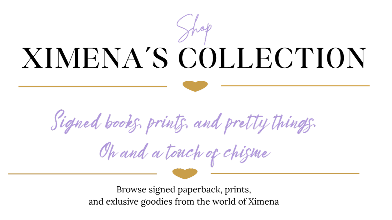 Decorative image with the word 'Shop' at the top, a message about signed books, prints, and pretty things, and an inspiring phrase 'Oh and a touch of chisme', with gold hearts and lines on a black background.