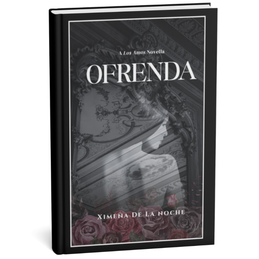 Book cover titled "Ofenda" by Ximena De La Noche, featuring a black and white interior ornate ceiling, with purple roses at the bottom.
