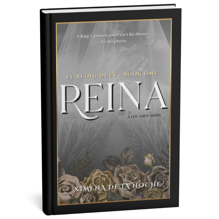 Book cover titled 'REINA' by Ximena de la Noche, part of 'El Reino Duet' series, featuring a grayscale image of a woman with a hand over her chest, and roses at the bottom.