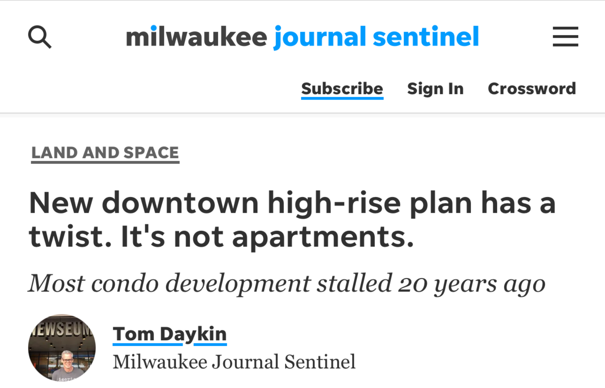 Milwaukee Journal Sentinel: New Downtown High-Rise Plan has a twist. It's not apartments.