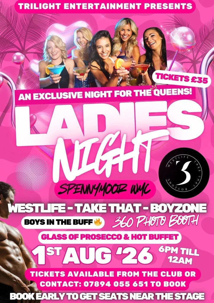 Promotion poster for a ladies' night event with pictures of smiling women holding cocktails, pink background with decorative elements, event details including date August 1, 2026, at Westlife club, ticket price £35, and contact information for booking.