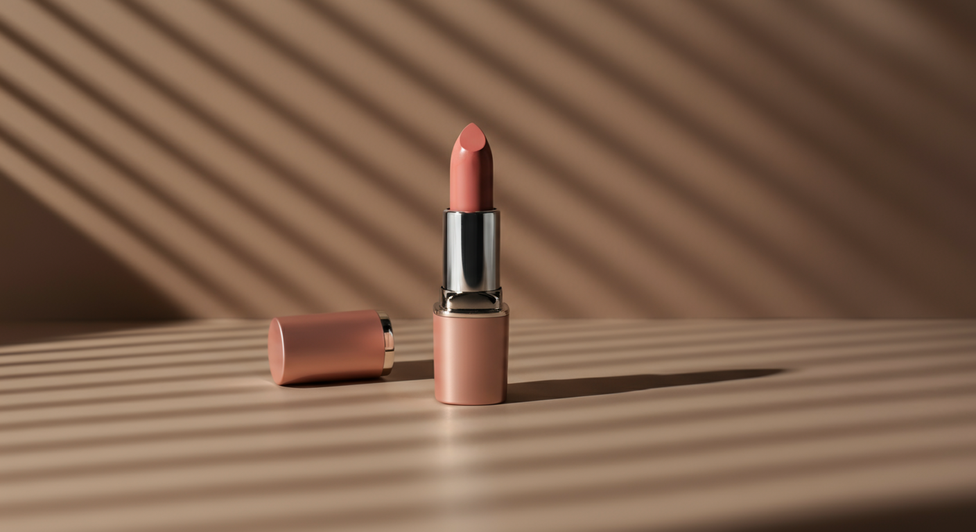 A tube of nude lipstick with the cap off, placed on a beige surface with striped shadows in the background.
