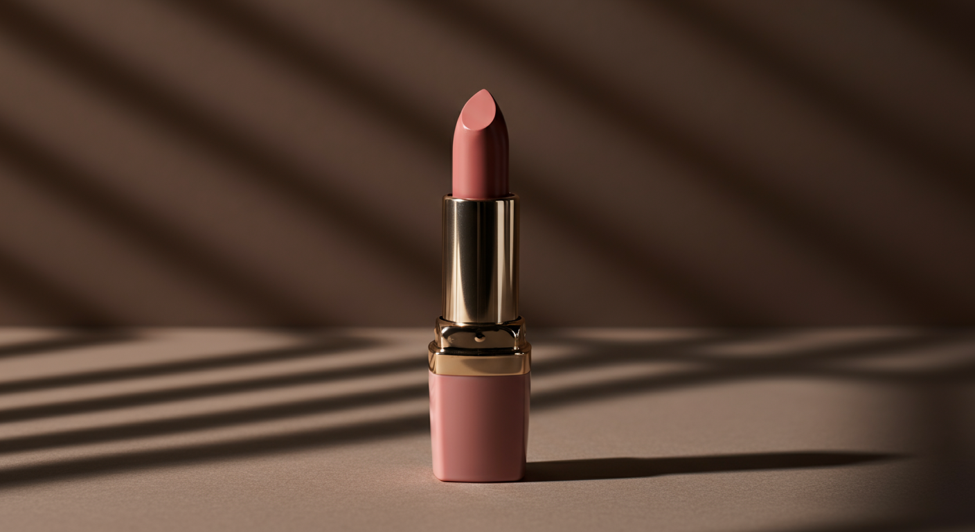 A pink lipstick in a gold and pink tube on a beige surface with shadows cast by window blinds.