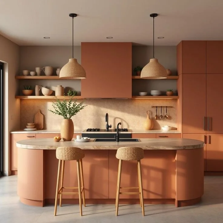 Modern kitchen with pink cabinets, open wooden shelves, a marble countertop island, two beige bar stools, pendant lighting, and minimal decor.