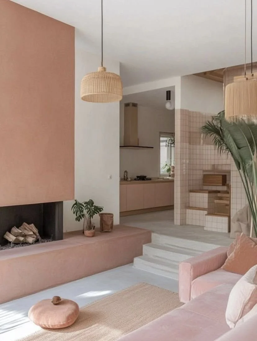 Living room with pink and beige tones, a pink velvet sofa, a pink ottoman, a woven hanging light, and a fireplace with plants on the mantel. Open kitchen in the background with pink cabinets and a tiled wall.