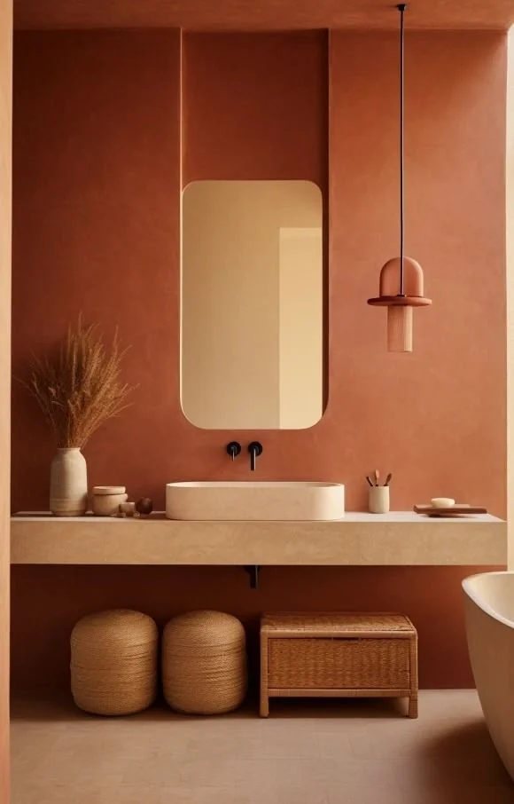 Modern bathroom with terracotta-colored wall, minimalist beige sink, round mirror, and pendant light