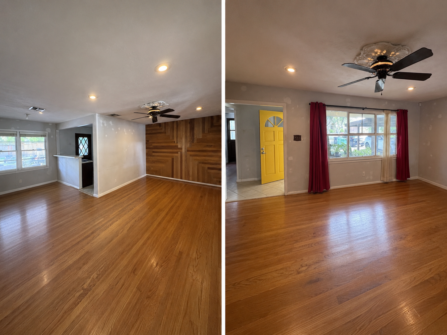  Existing Living Room | 02 of 05  

The living room is defined by its original hardwood floors and distinctive timber feature wall. Both bring character to the space, but the dated finishes, fixtures and ceiling treatment currently make the room feel
