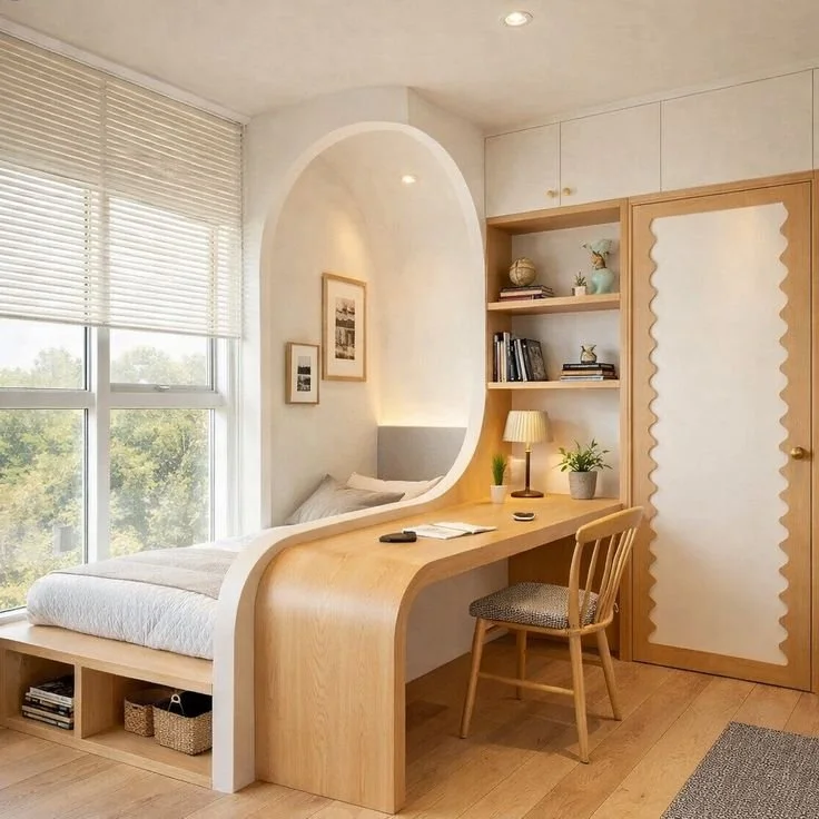 Modern bedroom with a built-in bed and workspace, window with blinds, wooden furniture, and decor.