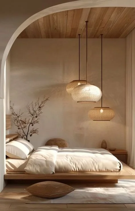 Minimalist bedroom with a low wooden bed, white bedding, accent pillow, natural wood accents, hanging woven pendant lights, and a wall decal of a tree branch.