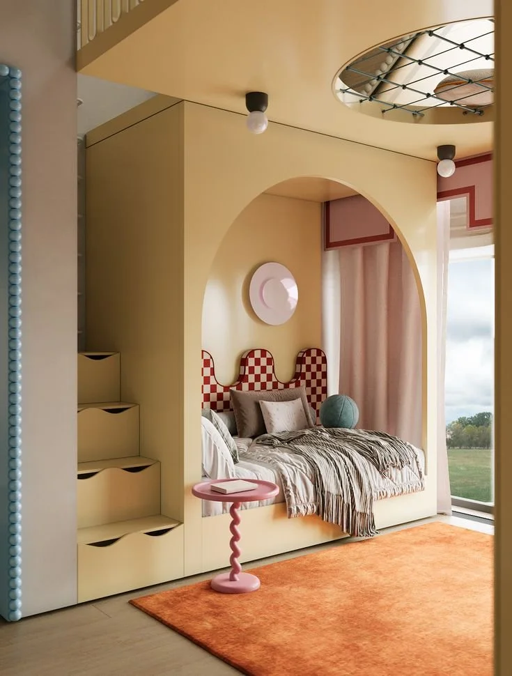 Cozy bedroom with pastel walls, checkered headboard, round pink side table, large window with curtains, and colorful decor accents.