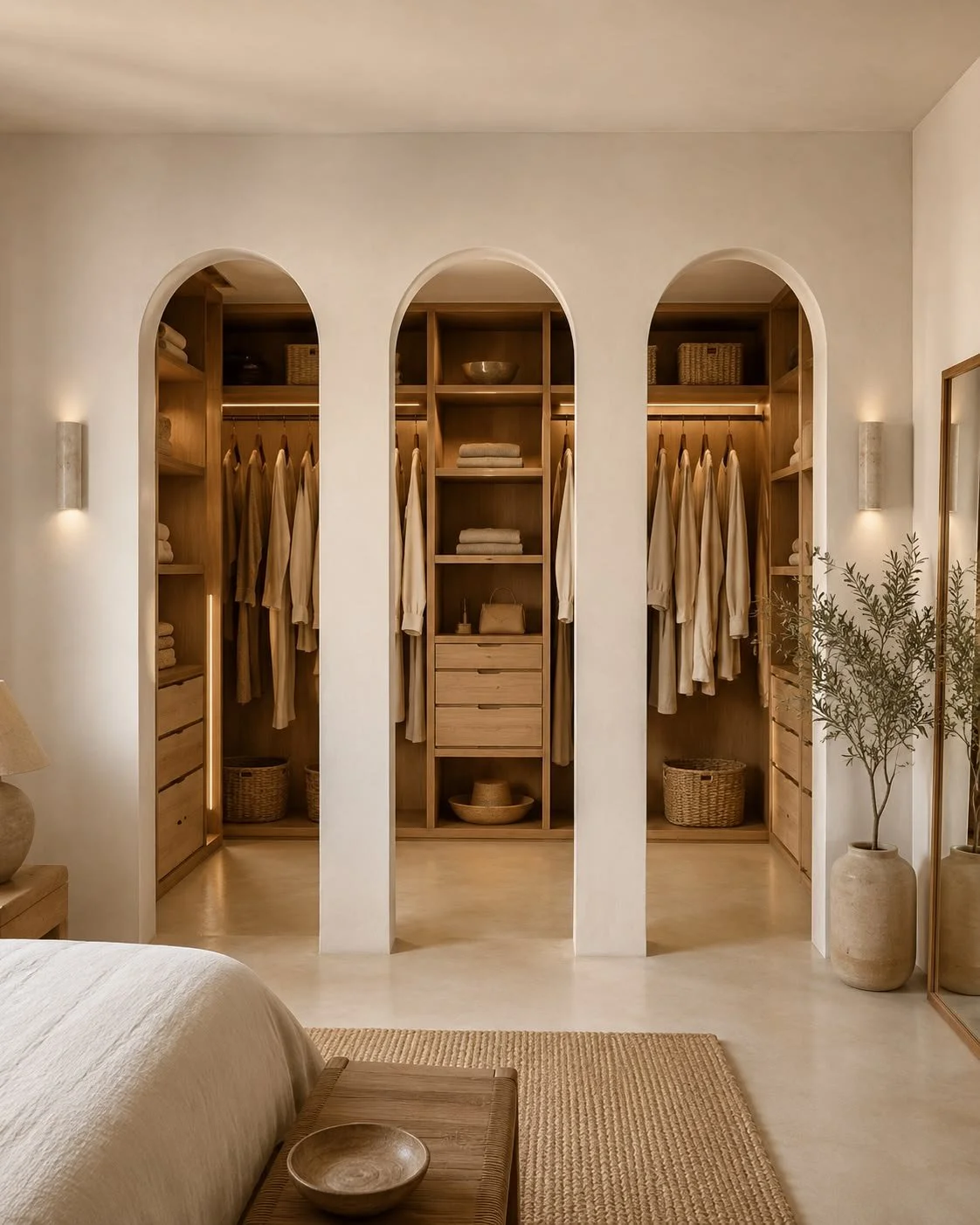 Walk-in closet with three arched openings, wooden shelves, hanging clothes, drawers, and woven baskets, with soft lighting.