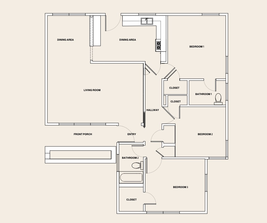  Existing Floor Plan | 01 of 05  

The existing layout offers generous shared spaces and three bedrooms, but the spaces are not working as efficiently as they could. The plan presented an opportunity to rethink how the spaces connect and how each par