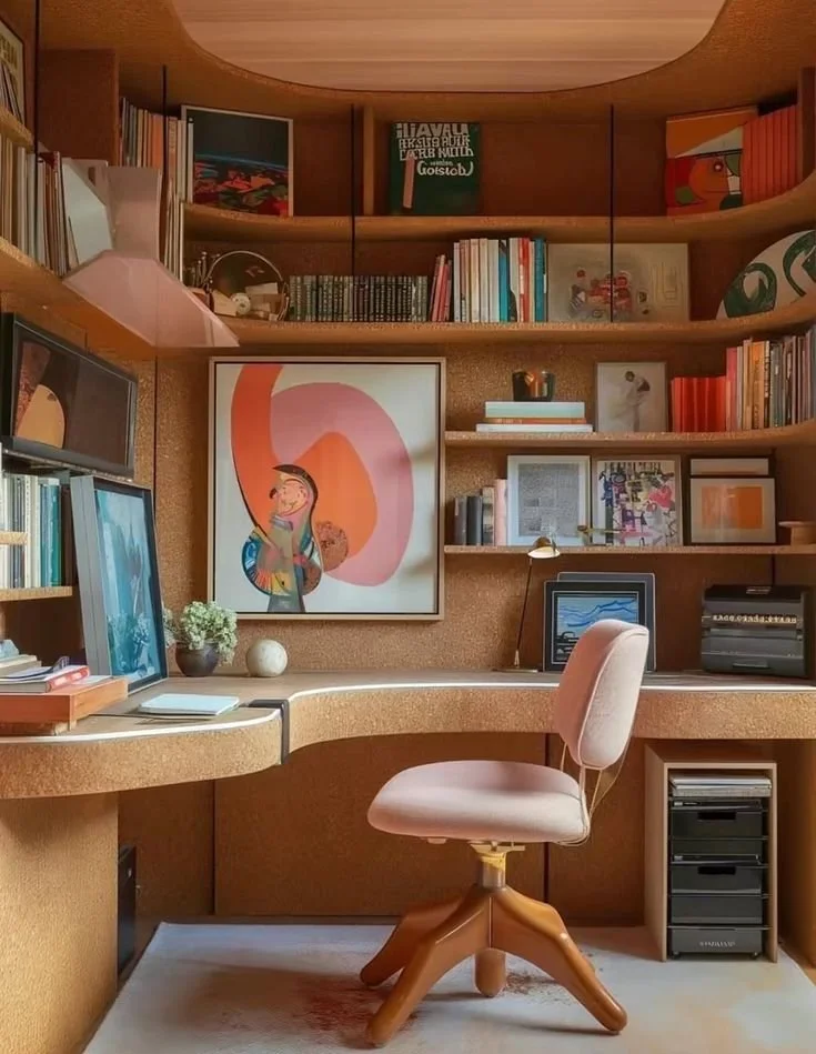 A cozy home office with wooden shelves filled with books, a corkboard wall, a pink desk chair, computer monitors, framed artwork, a small potted plant, and personal decor.
