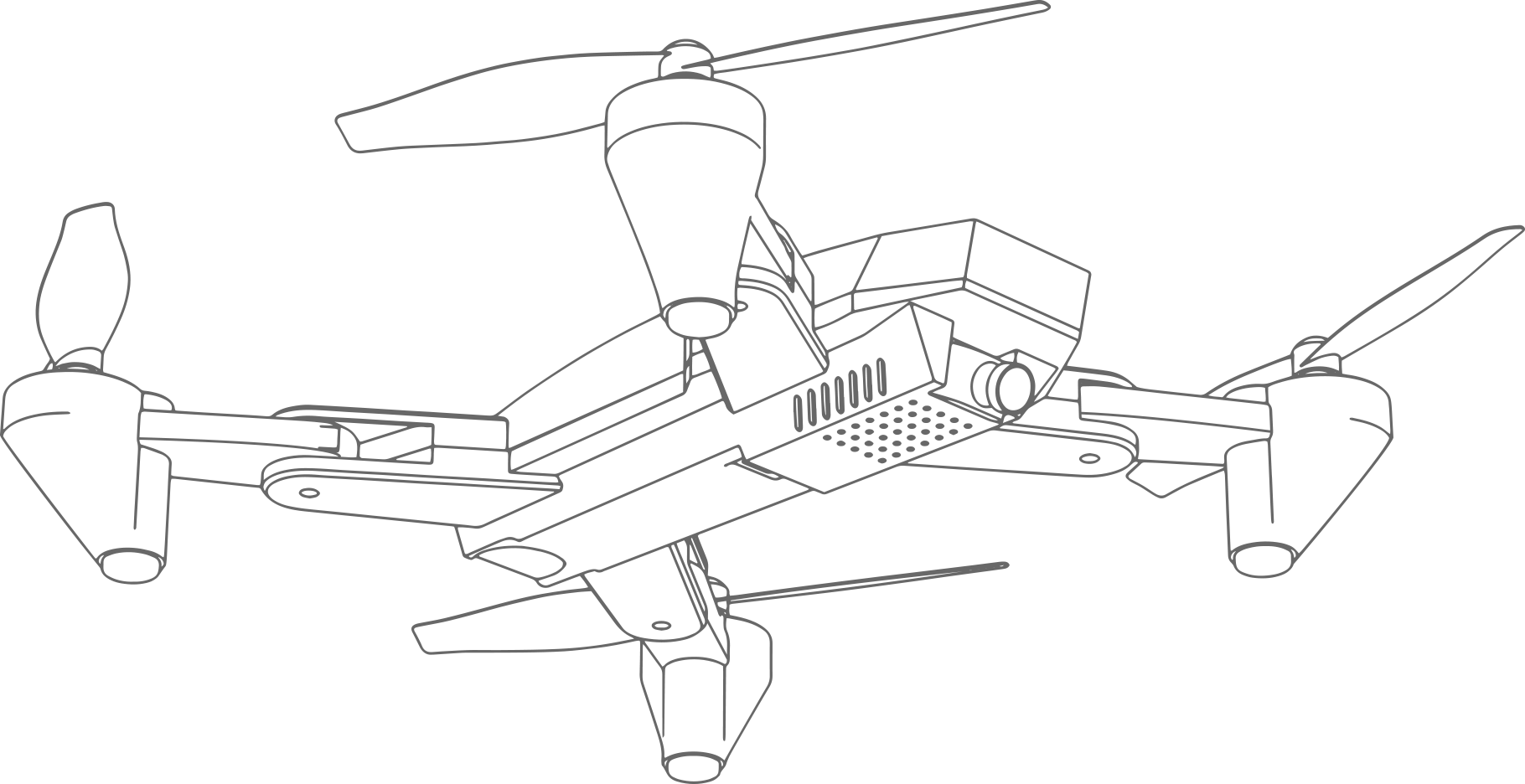 Line drawing of a quadcopter drone with four propellers, central body, and camera mounted underneath.