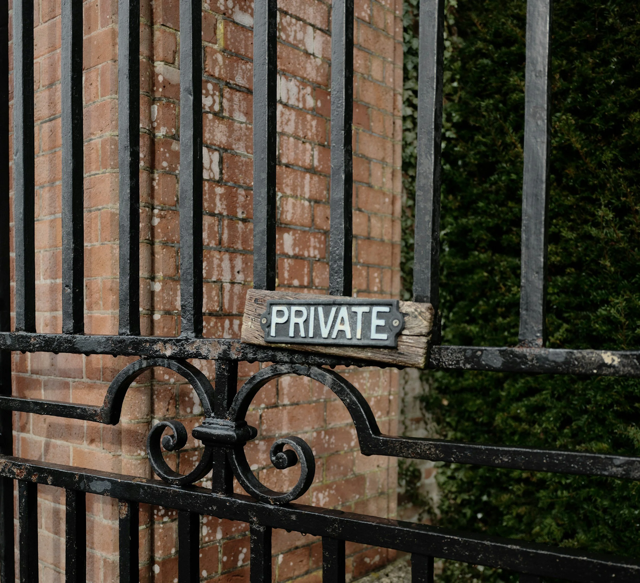 Black metal fence with a sign that reads 'PRIVATE' in front of a brick wall and green foliage.
