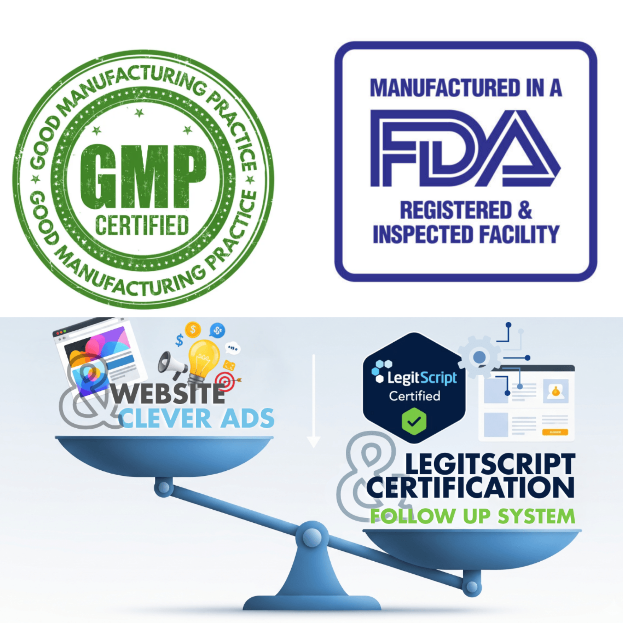 A digital illustration of a blue robot arm holding a floating display with various certification logos including GMP, FDA, Web Design Clever Ads, Legitscript, and Follow Up System.