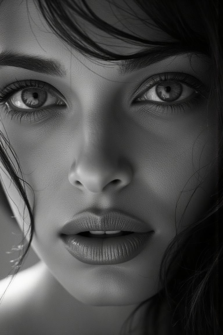 Close-up of a woman's face in black and white, showing her eyes, nose, and lips with her mouth slightly open.