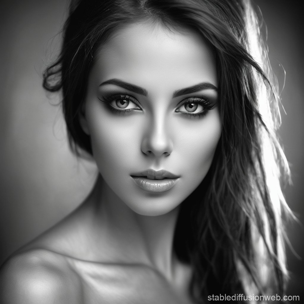 Black and white portrait of a woman with long, wavy hair, intense eye makeup, and full lips, looking directly at the camera.