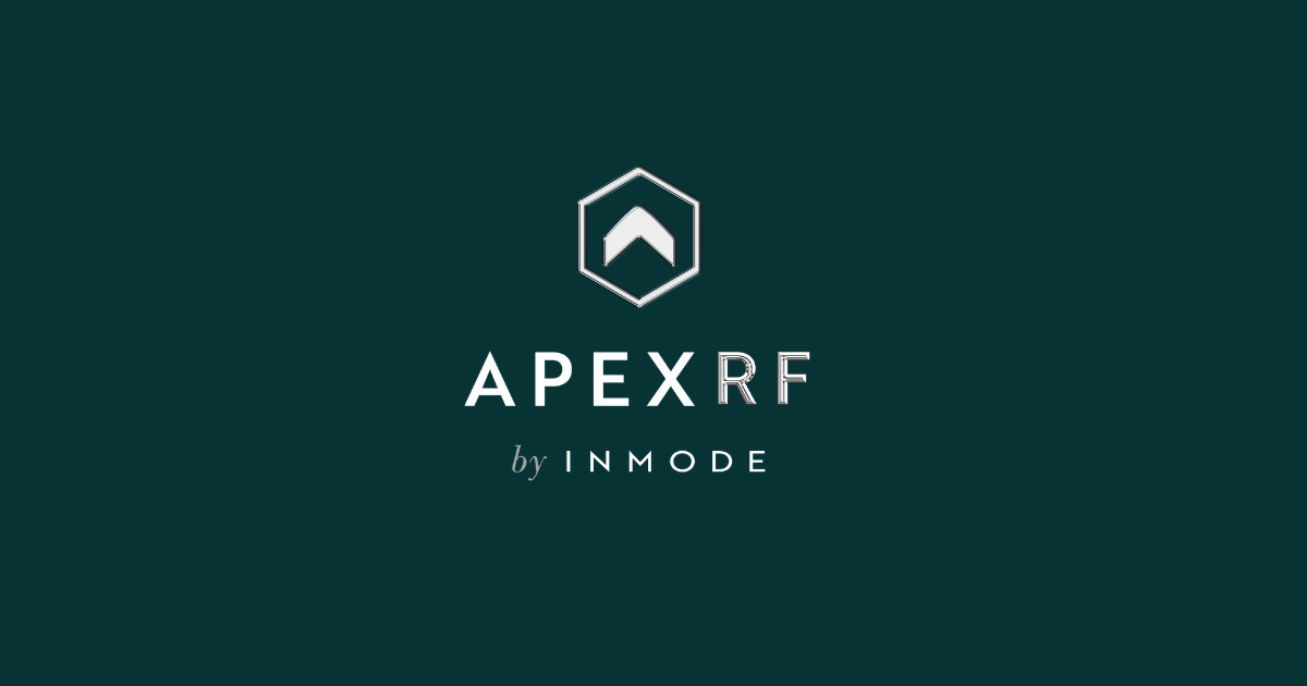 A logo with a hexagon shape and an upward arrow inside it, followed by the text "APEX RF by INMODE" on a dark green background.