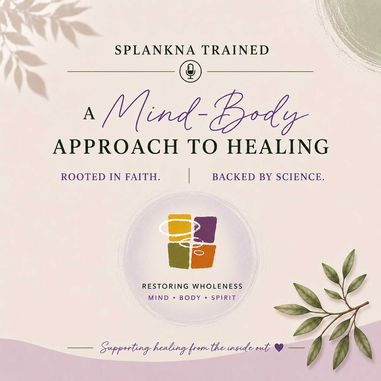'Splankna: A Mind-Body Approach to Healing.' This is an emotional release strategy that integrates faith-based, science-backed holistic healing for mind, body, and spirit.
