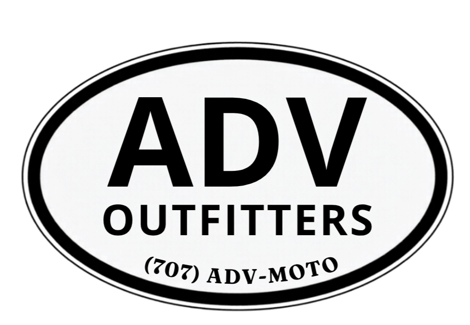 Oval logo for ADV Outfitters with contact number (707) ADV-MOTO