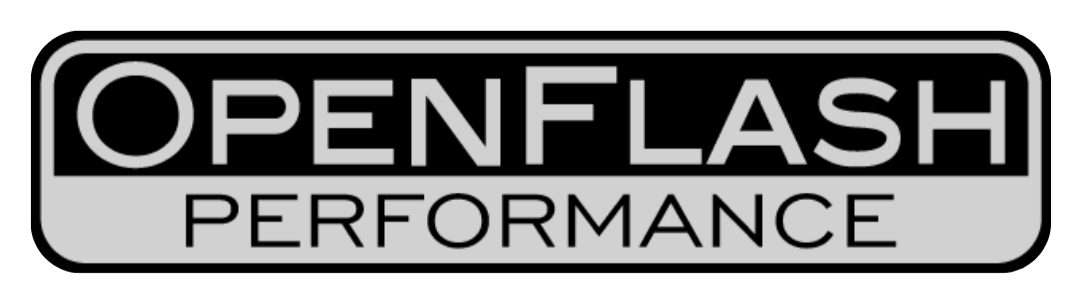 OpenFlash Performance logo with black and gray text on a gray background