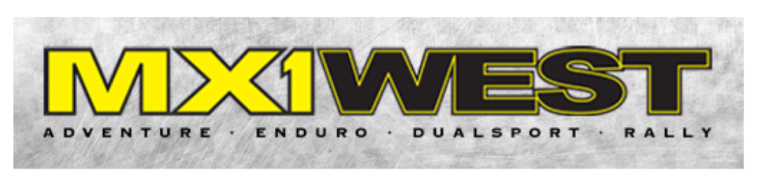 MX1 West logo with bold yellow and black text, with the words adventure, enduro, dualsport, and rally below.
