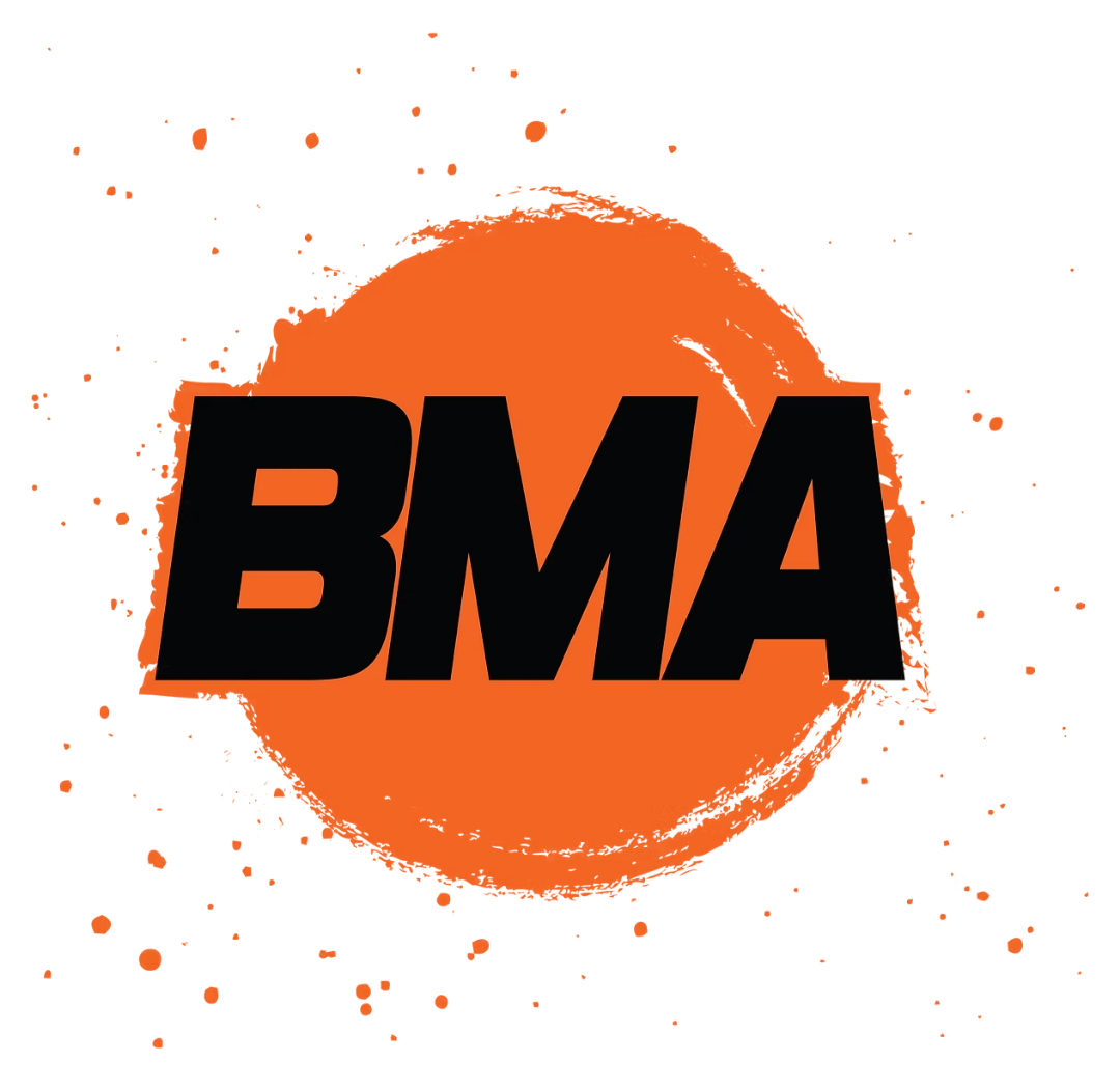 Bold black letters spelling "BMA" over an orange splatter background on a black backdrop.