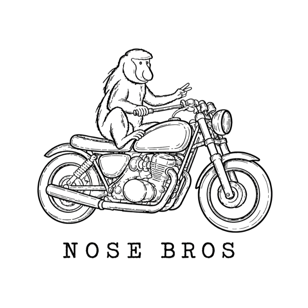 Illustration of a monkey riding a motorcycle with the text "Nose Bros" underneath.