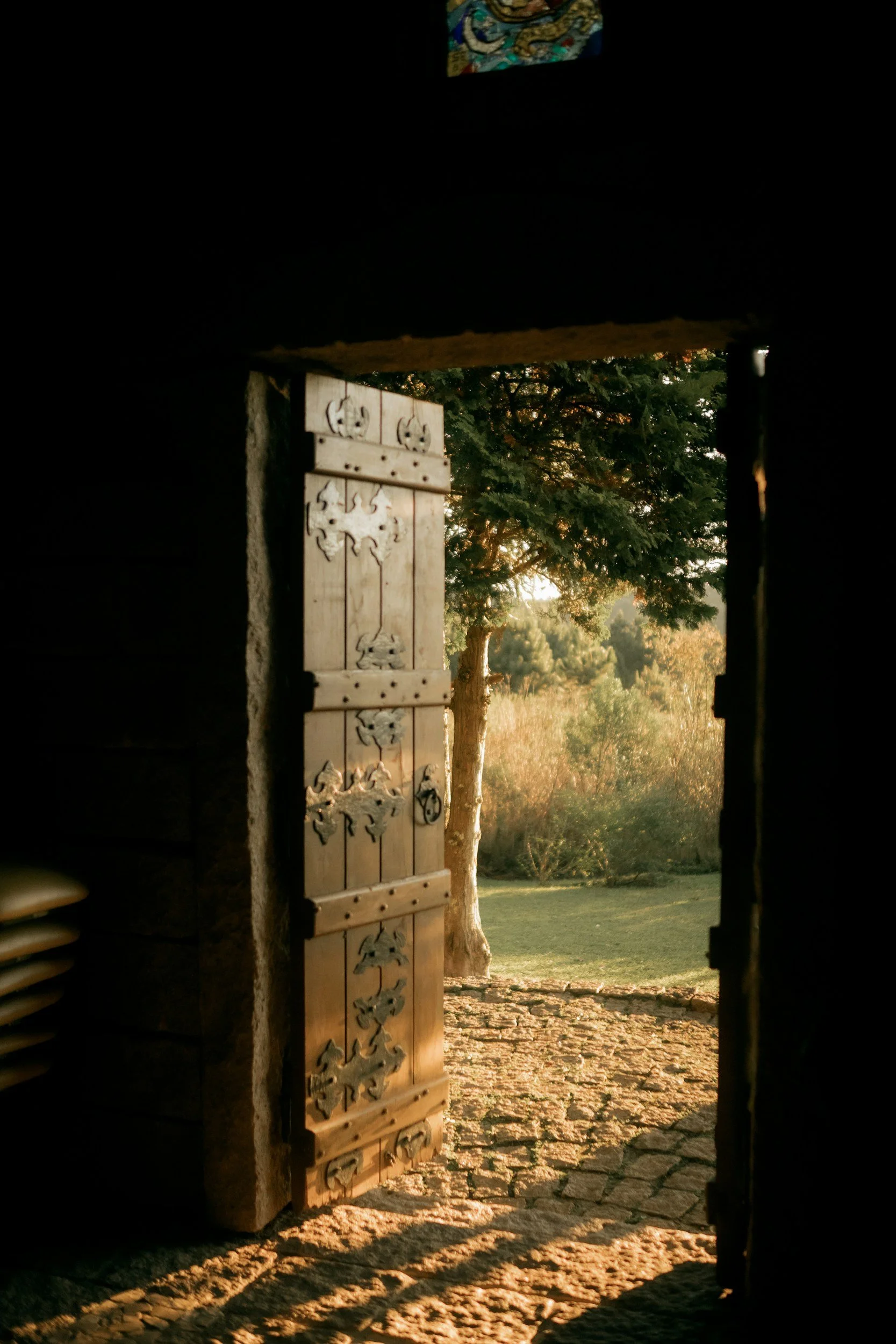 Open wooden door with decorative metal hinges, leading outside to a sunny landscape with trees and grass at sunset.