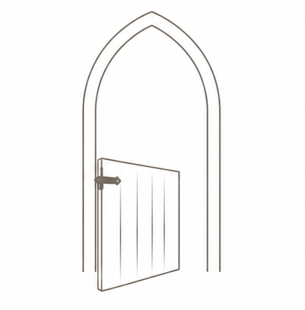 Line drawing of an arched doorway with a small, partially opened wooden gate.