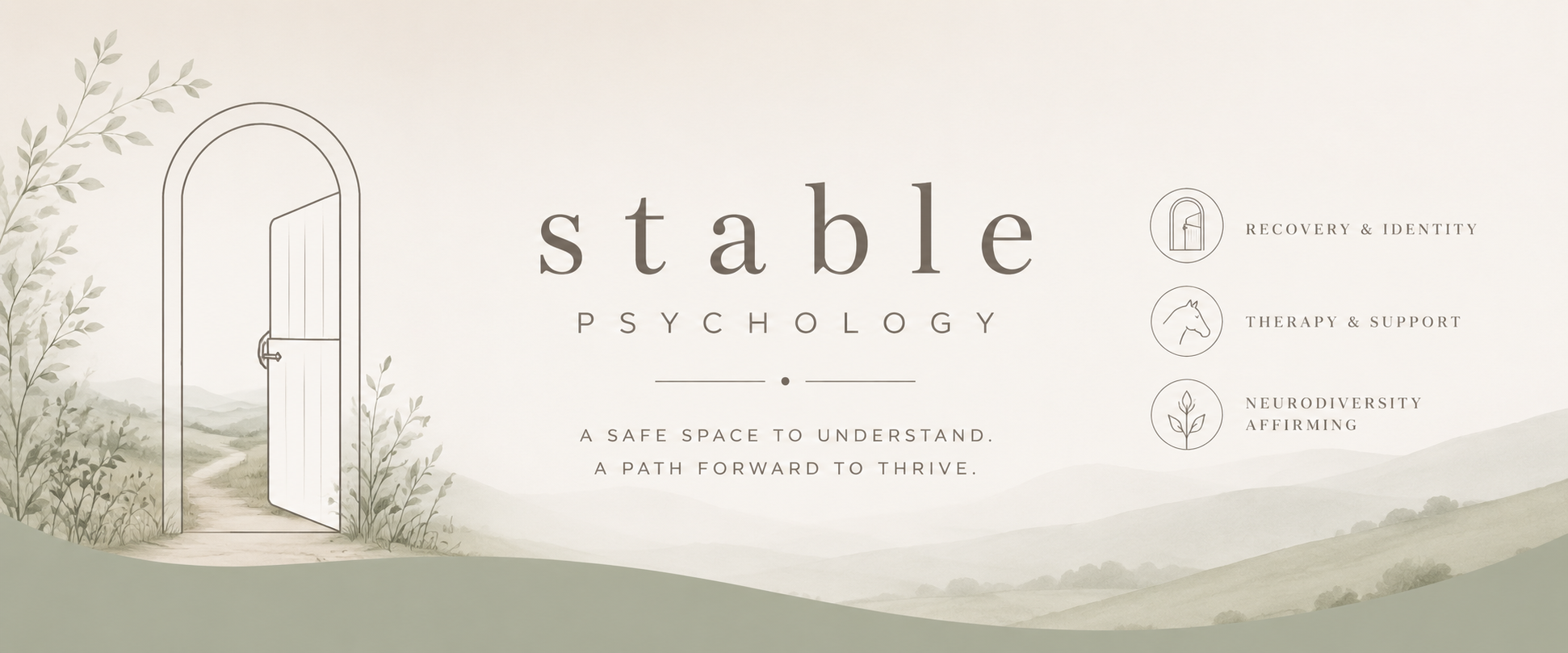 A soft, pastel-colored graphic promoting Stable Psychology, offering services related to recovery, therapy, and neurodiversity. Features an illustration of an open door with nature scenery in the background, and icons with labels for recovery and identity, therapy and support, and neurodiversity and affirming.