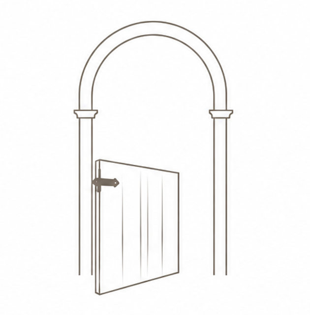 Line drawing of an arched doorway with an open gate attached to one side.