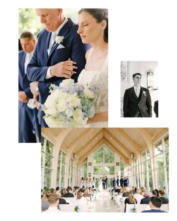 A wedding ceremony in a bright, airy chapel with large windows. The bride and groom are at the altar with guests seated in rows. The bride holds a bouquet of white and lavender flowers, and an older man in a suit stands next to her with his hand on h